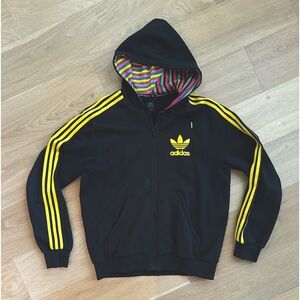 Adidas Black and Gold Hooded Zip Sweatshirt Multicolor Lined Hood Vintage
